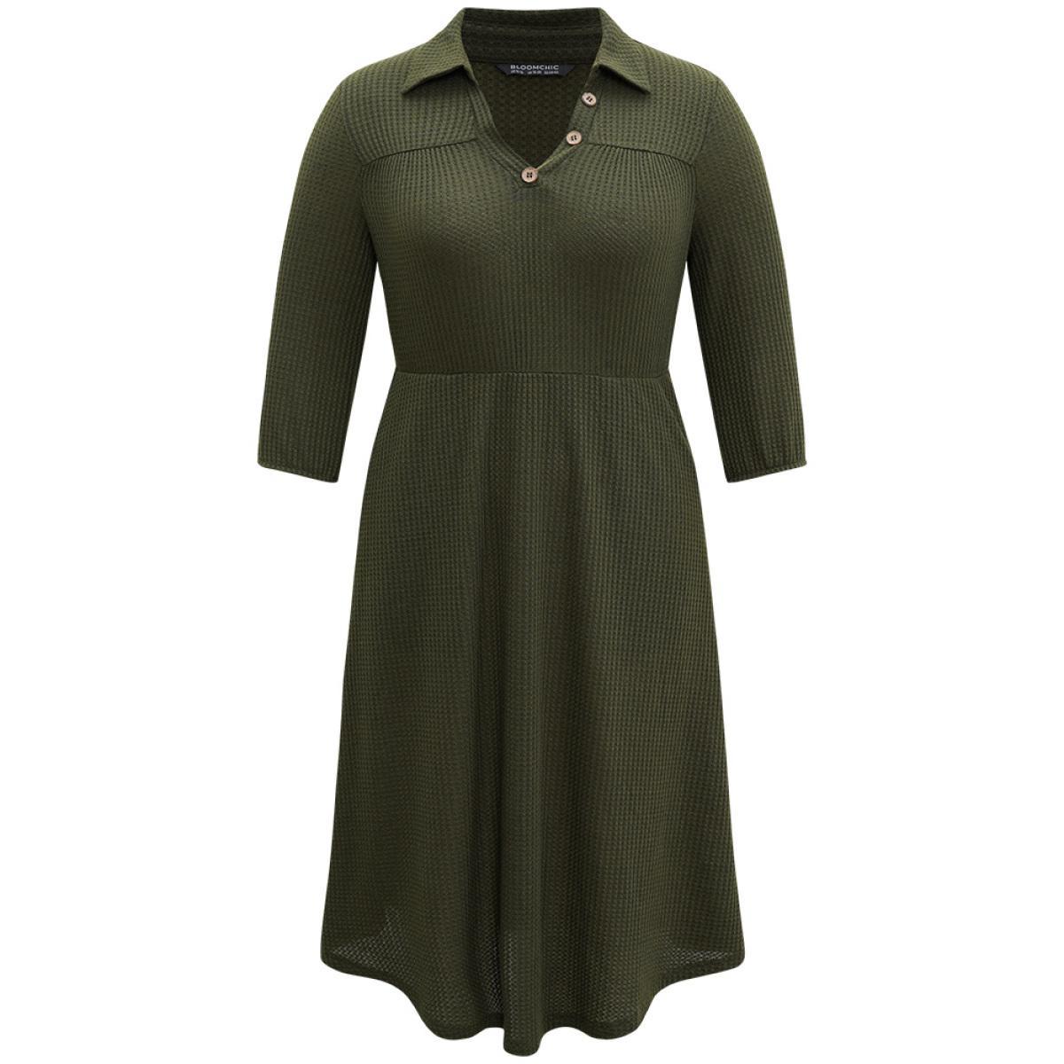 Plus Size Waffle Knit Button Detail Lapel Collar Dress ArmyGreen Women Elegant Elastic cuffs Lapel Collar Elbow-length sleeve Curvy Midi Dress BloomChic 30/6X Product Image