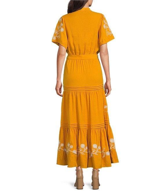 Calessa Petite Size Embroidered Split V-Neck Short Balloon Sleeve A-Line Tiered Belted Maxi Dress Product Image
