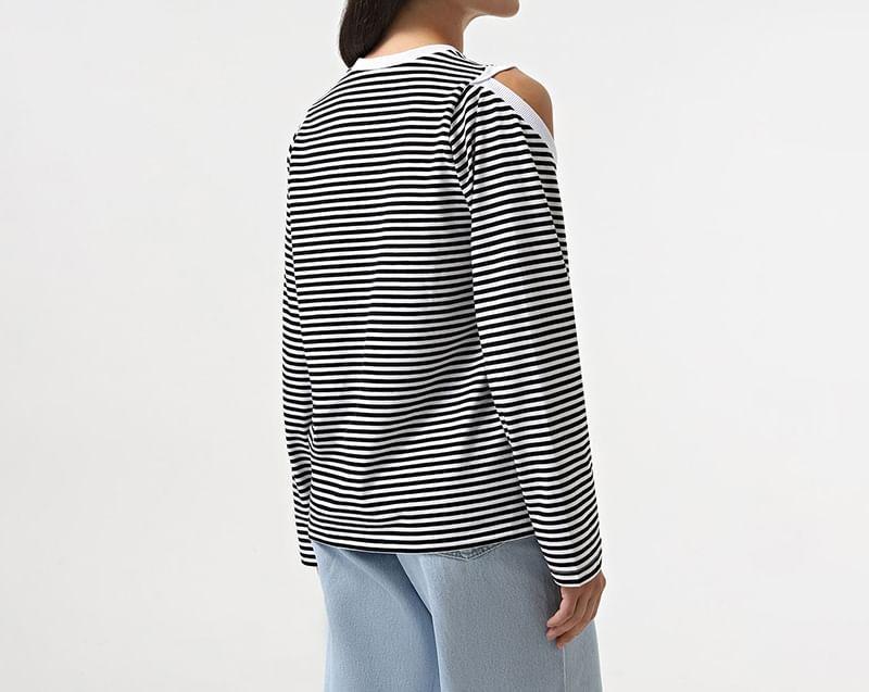 Long-Sleeve Round Neck Cold Shoulder Striped Contrast Trim Tee Product Image