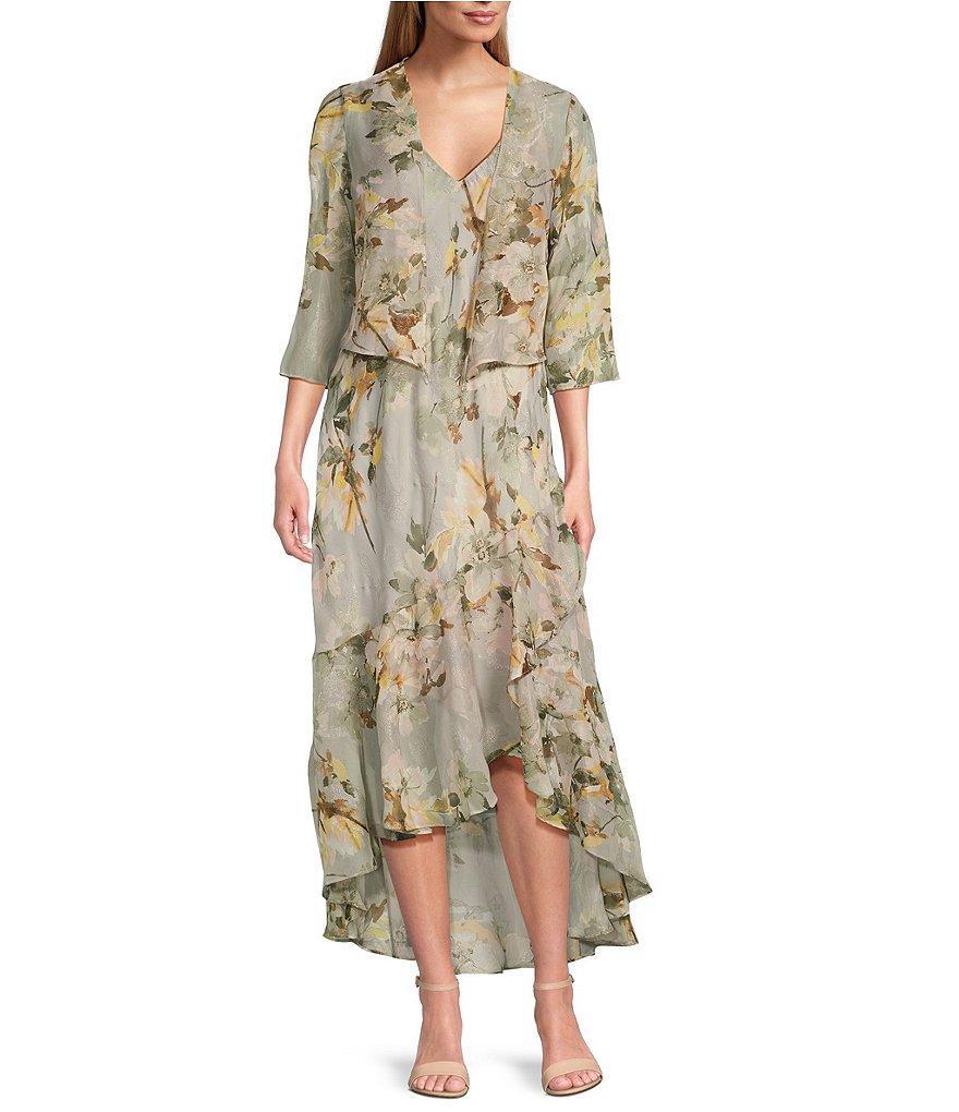 R & M Richards Floral Print Chiffon Bolero 3/4 Sleeve V-Neck Asymmetrical Ruffle Hem 2-Piece Jacket Dress Product Image