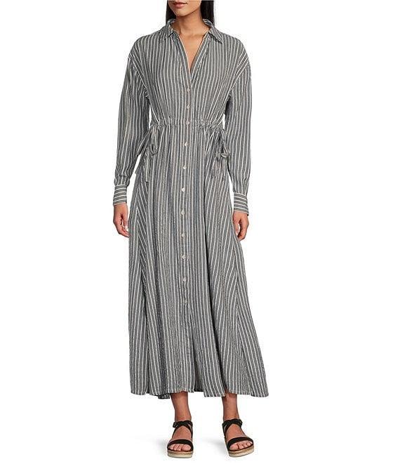 Westbound Button Front Point Collar Long Sleeve Seersucker Cinch Front A-Line Maxi Dress Product Image