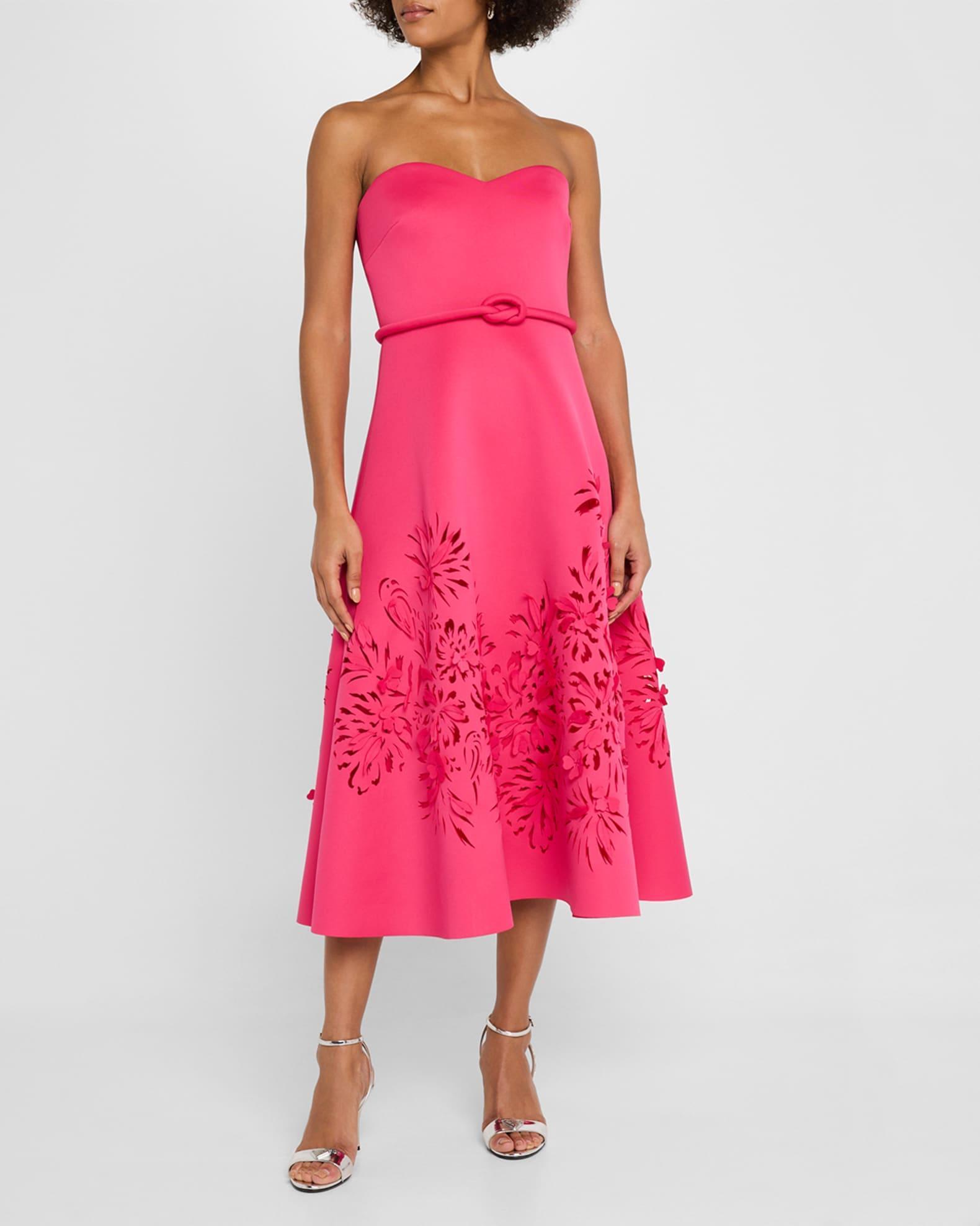 Strapless Laser-Cut Floral Scuba Midi Dress Product Image