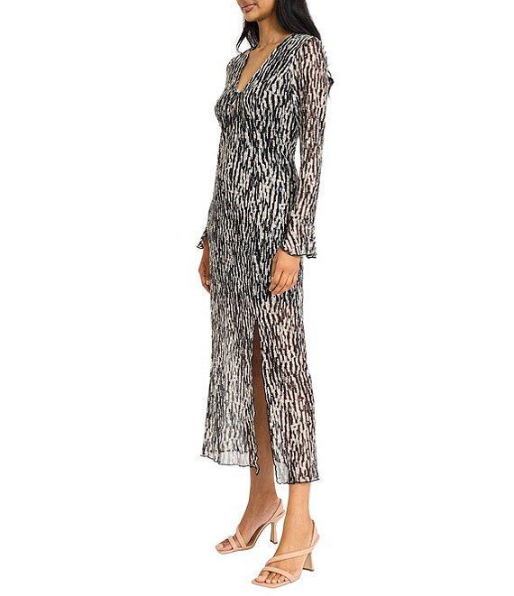 Donna Morgan Long Bell Sleeve Printed Mesh Sheath Midi Dress Product Image