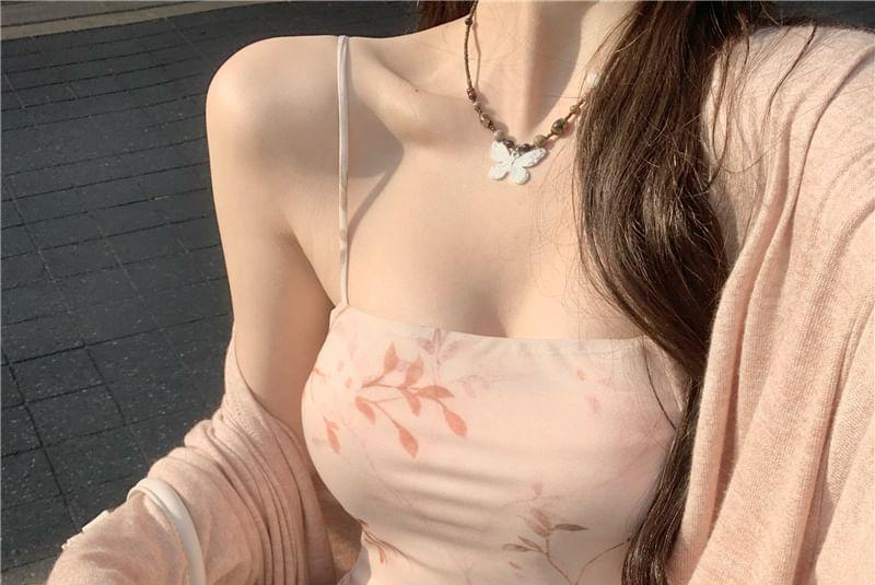 Plain Long Cardigan / Spaghetti Strap Floral Midi Sheath Dress Product Image