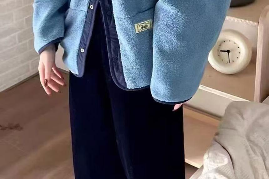 Faux Shearling Contrast Trim Button-Up Jacket Product Image