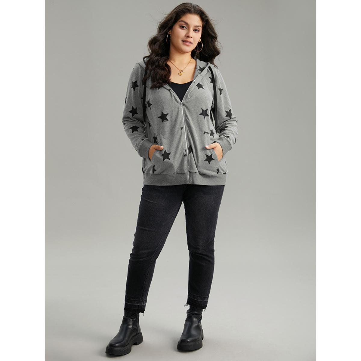 Plus Size Star Print Hooded Ties Pocket Sweatshirt Women Gray Casual Printed Hooded Dailywear Sweatshirts BloomChic 28/5X Product Image