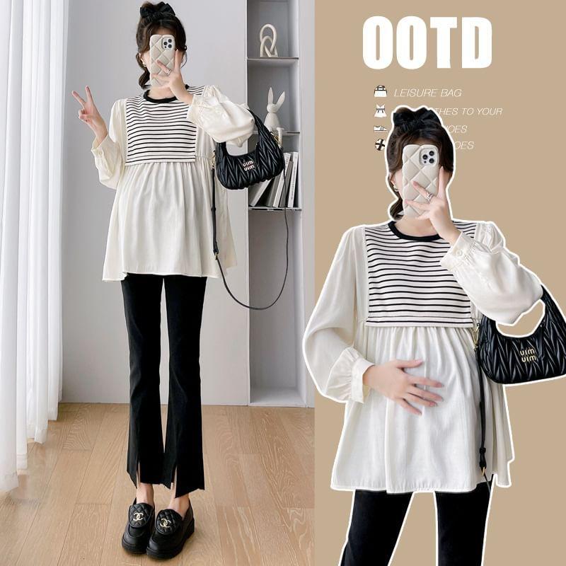 Maternity Long Sleeve Crew Neck Striped Panel Blouse Product Image