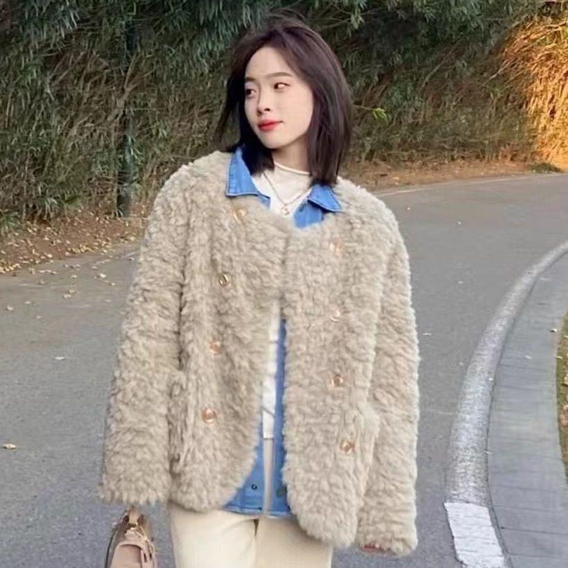 Round Neck Plain Faux Fur Double Breasted Jacket Product Image