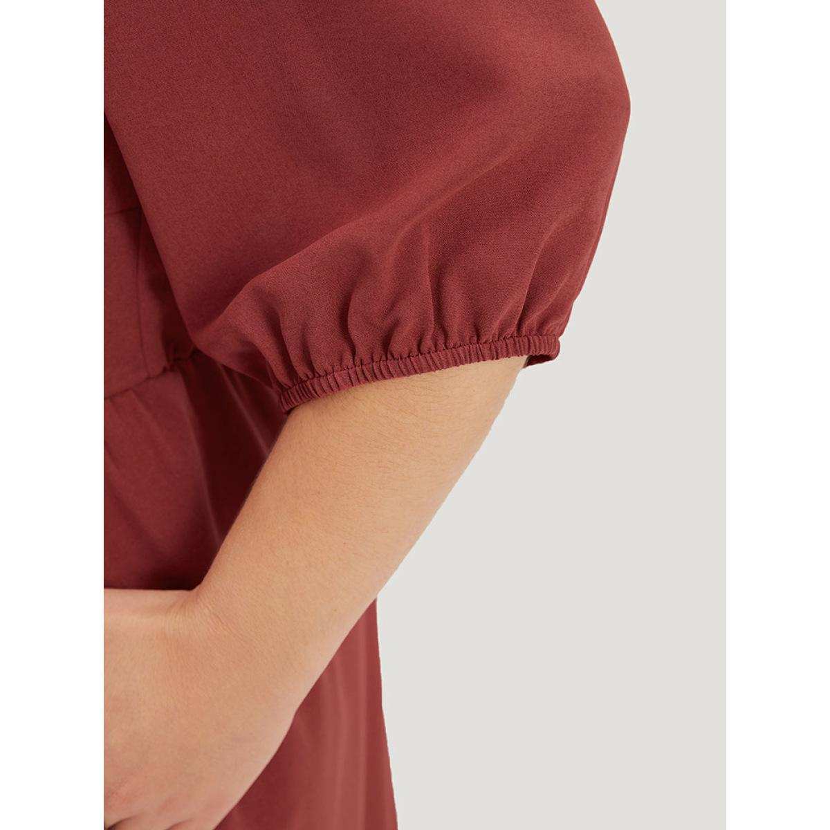 Plus Size Plain Elastic Cuffs Pocket Laser Cut Dress Russet Women Elegant Elastic cuffs V-neck Elbow-length sleeve Curvy Midi Dress BloomChic 26/4X Product Image