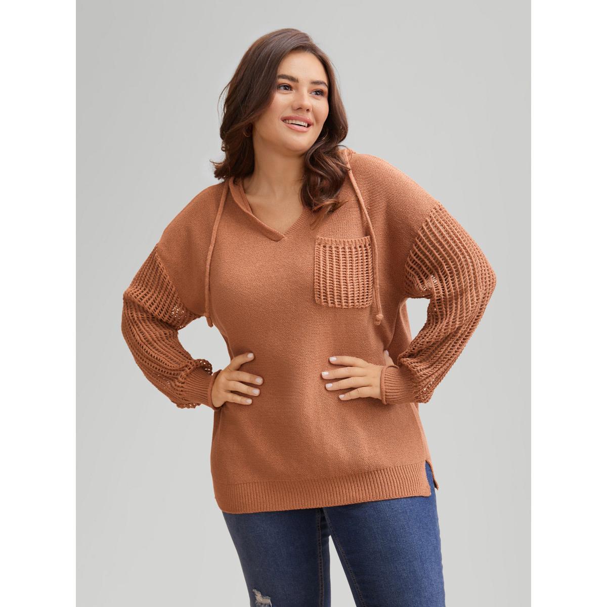 Plus Size Hooded Drawstring Cut Out Pocket Pullover Yellowishbrown Women Casual Three Quater Length Sleeve V-neck Everyday Pullovers BloomChic 30/6X Product Image