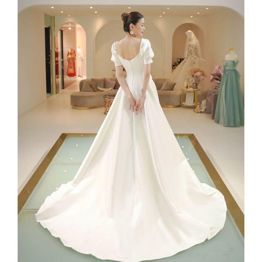 Puff Sleeve Square Neck Plain Ruched Satin A-Line Wedding Gown Product Image