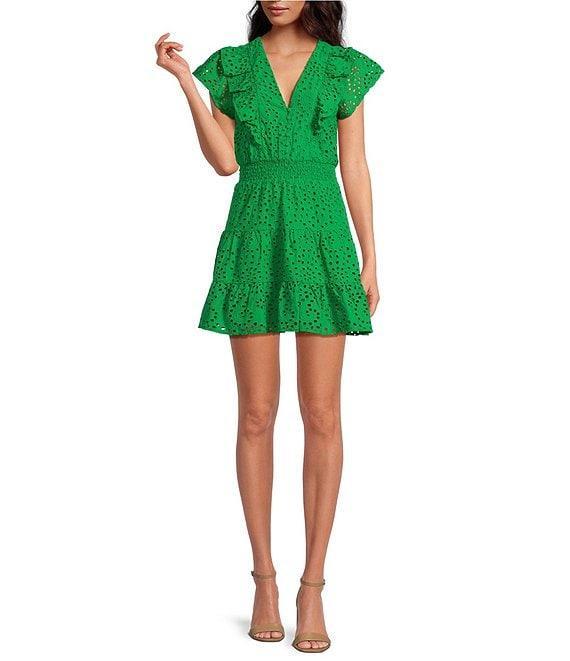 Layered With Love Eyelet Embroidered V Neck Short Flutter Sleeve Tiered A-Line Mini Dress Product Image