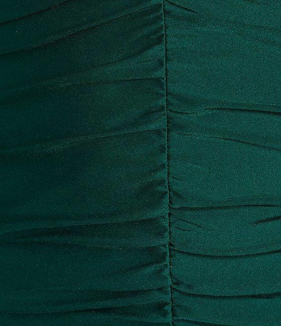 Midnight Doll Satin Knit V-Neck Rhinestone Straps Ruched Mini Dress Product Image