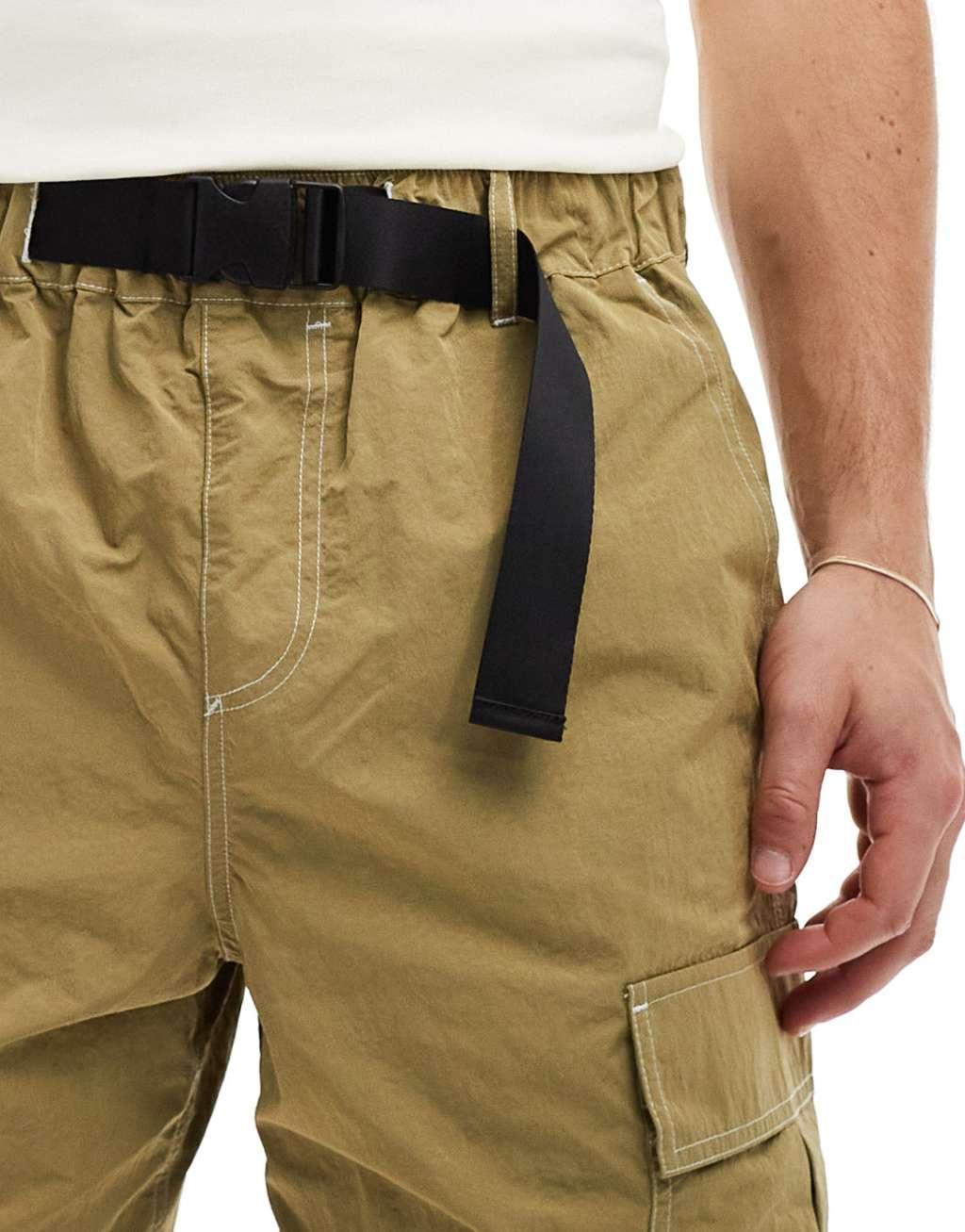 ASOS DESIGN cargo shorts with belt detail in khaki Product Image