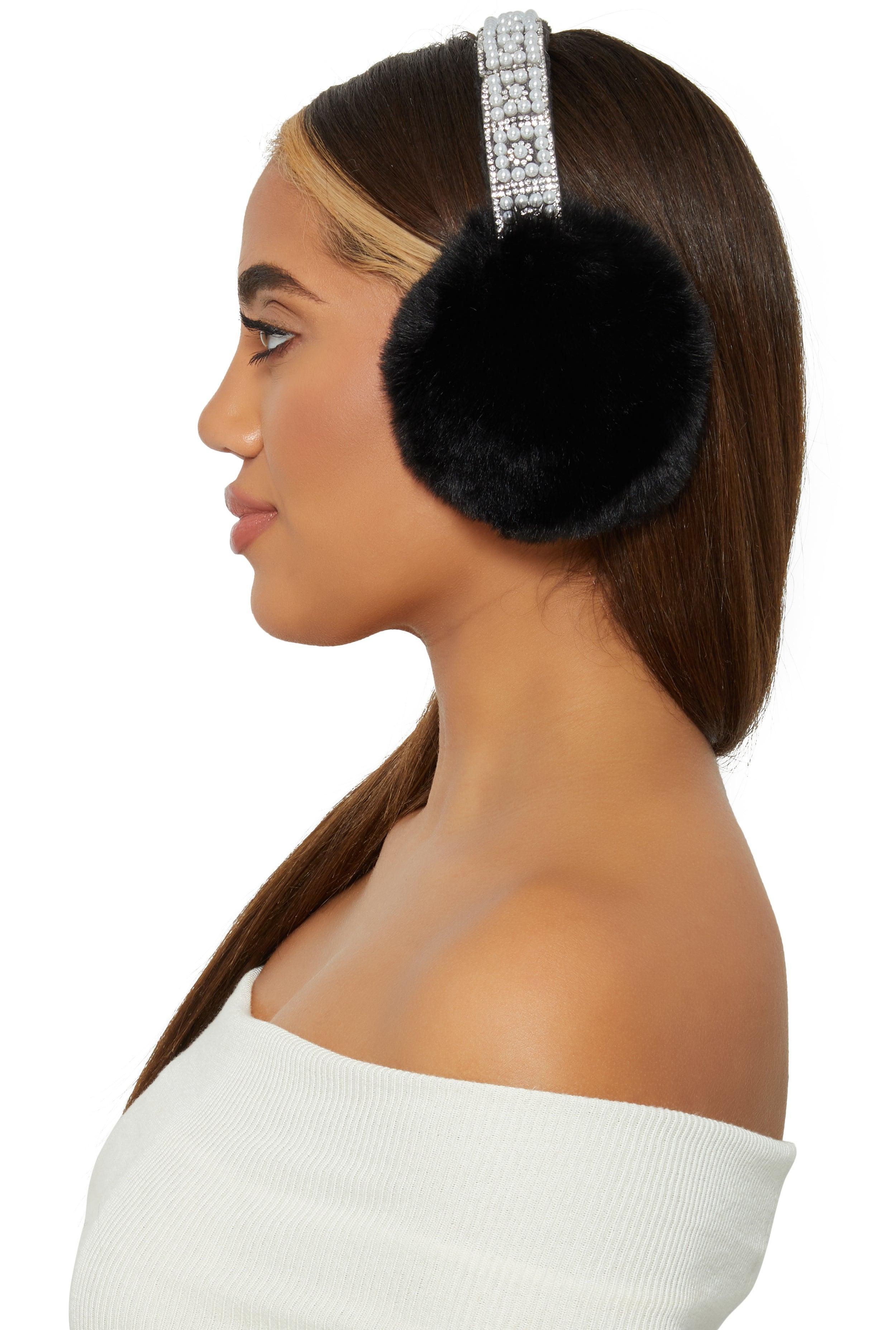 Womens Faux Fur Pearl Studded Faux Fur Earmuffs Product Image