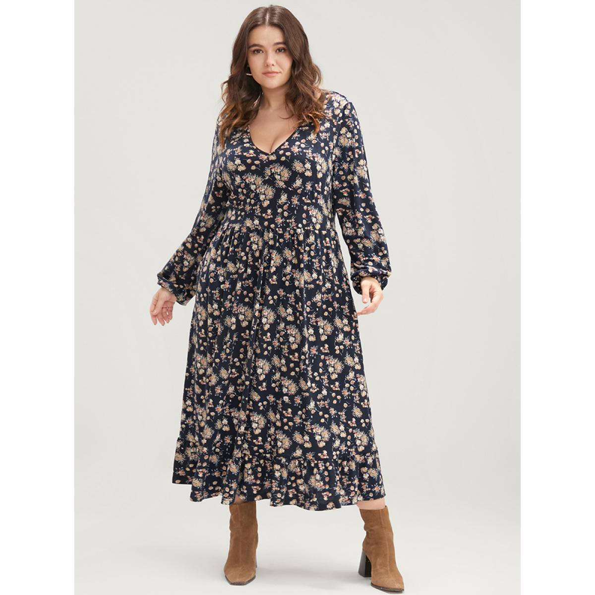 Plus Size Ditsy Floral Pocket Lantern Sleeve Shirred Flutter Dress Indigo Women Elegant Elastic Waist V-neck Long Sleeve Curvy Midi Dress BloomChic 12/L Product Image