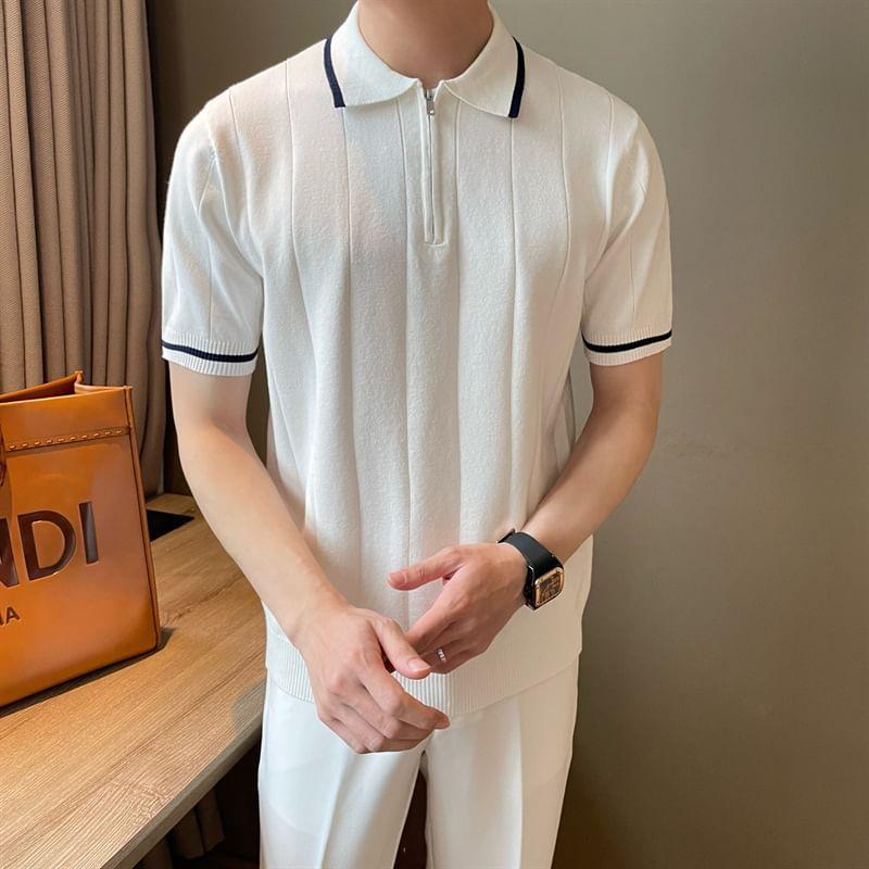 Short-Sleeve Collared Contrast Trim Half-Zip Knit Top Product Image