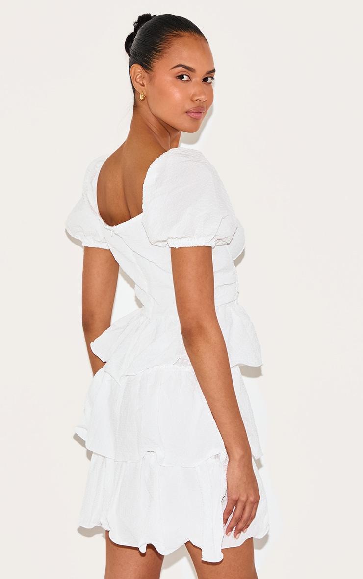 White Crinkle Cup Detail Tiered Skirt Skater Dress Product Image