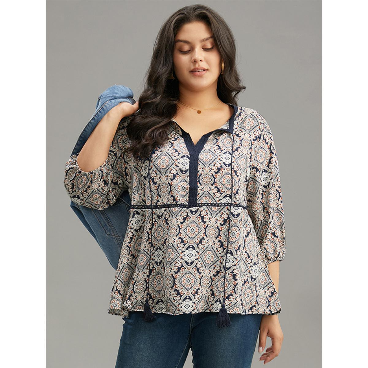 Plus Size Indigo Moroccan Print Tassels Ties Elastic Cuffs Blouse Women Resort Elbow-length sleeve Tie Neck Vacation Blouses BloomChic 12/L Product Image