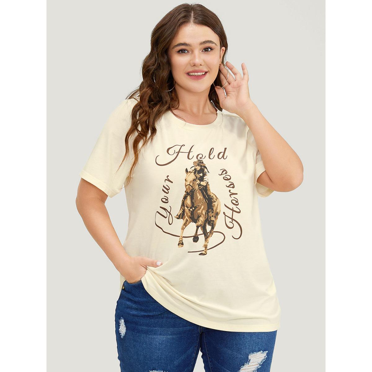 Plus Size Horse & Letter Print Round Neck Graphic Tee Apricot Women Casual Western Dailywear T-shirts BloomChic 14-16/1X Product Image