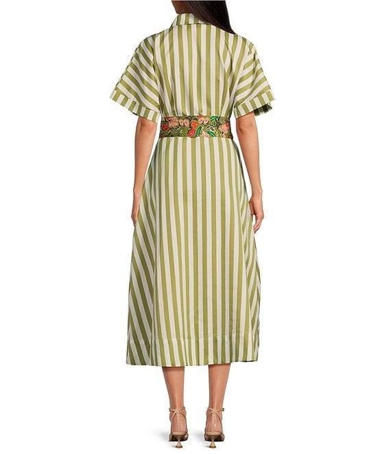 Buru Donna Day Short Sleeve Contrast Bow Detail Stripe Print Shirt Midi Dress Product Image