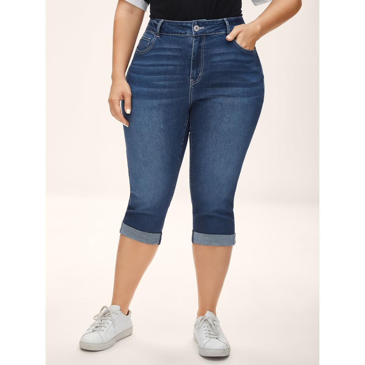 Plus Size Whiskered Wash Crop Skinny-Fit Jeans Women Midblue Medium stretch Slanted pocket Jeans BloomChic 22/3X Product Image