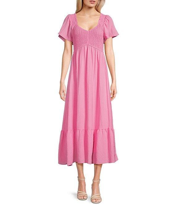 Blu Pepper Flutter Sleeve Smocked V-Neck Midi Dress Product Image