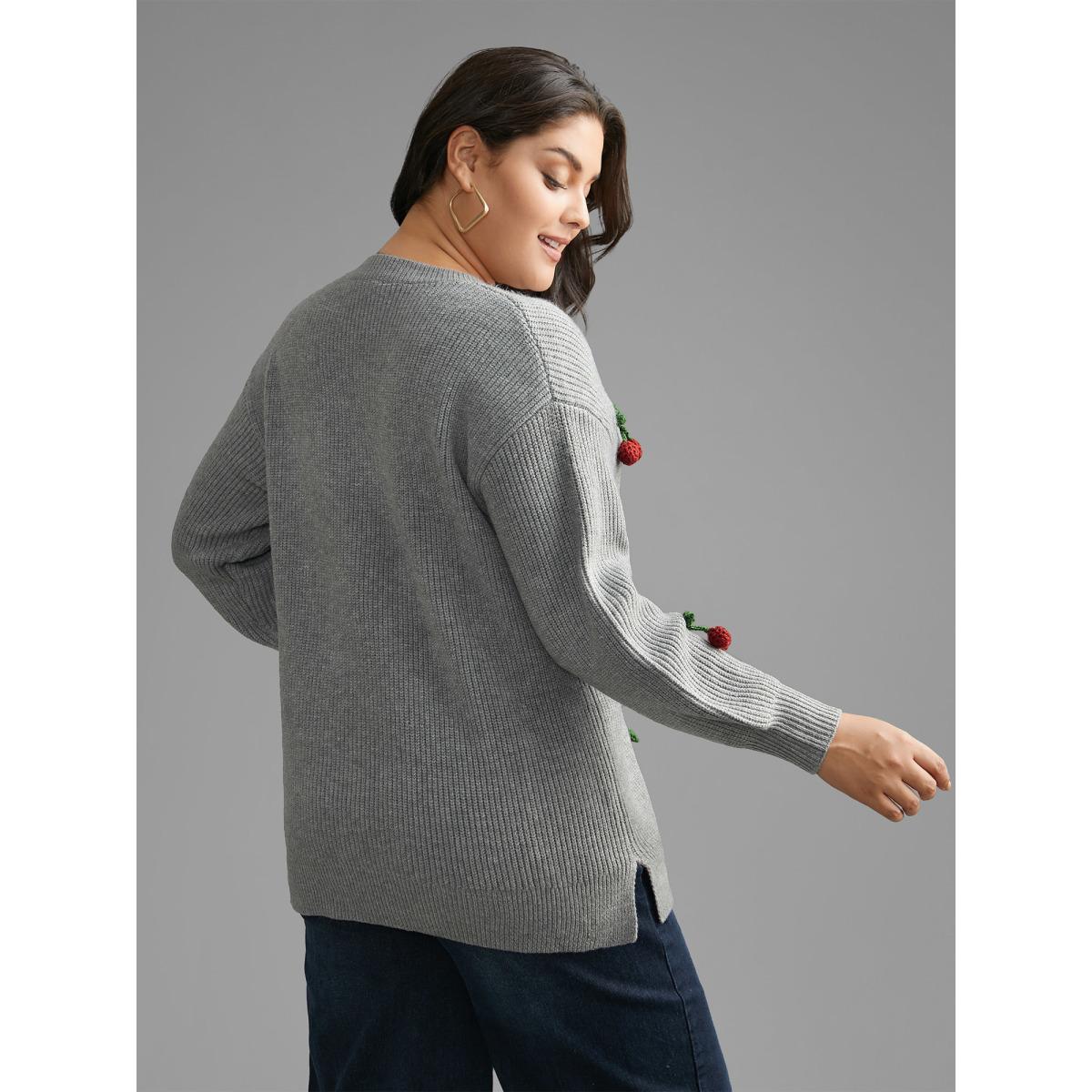 Plus Size Supersoft Essentials Stereo Cherry Design Pullover Mediumgray Women Casual Loose Long Sleeve Round Neck Everyday Pullovers BloomChic 12/L Product Image
