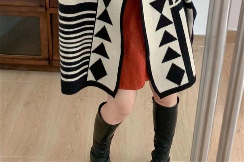 Geometric Print Hooded Open Front Long Cardigan Product Image