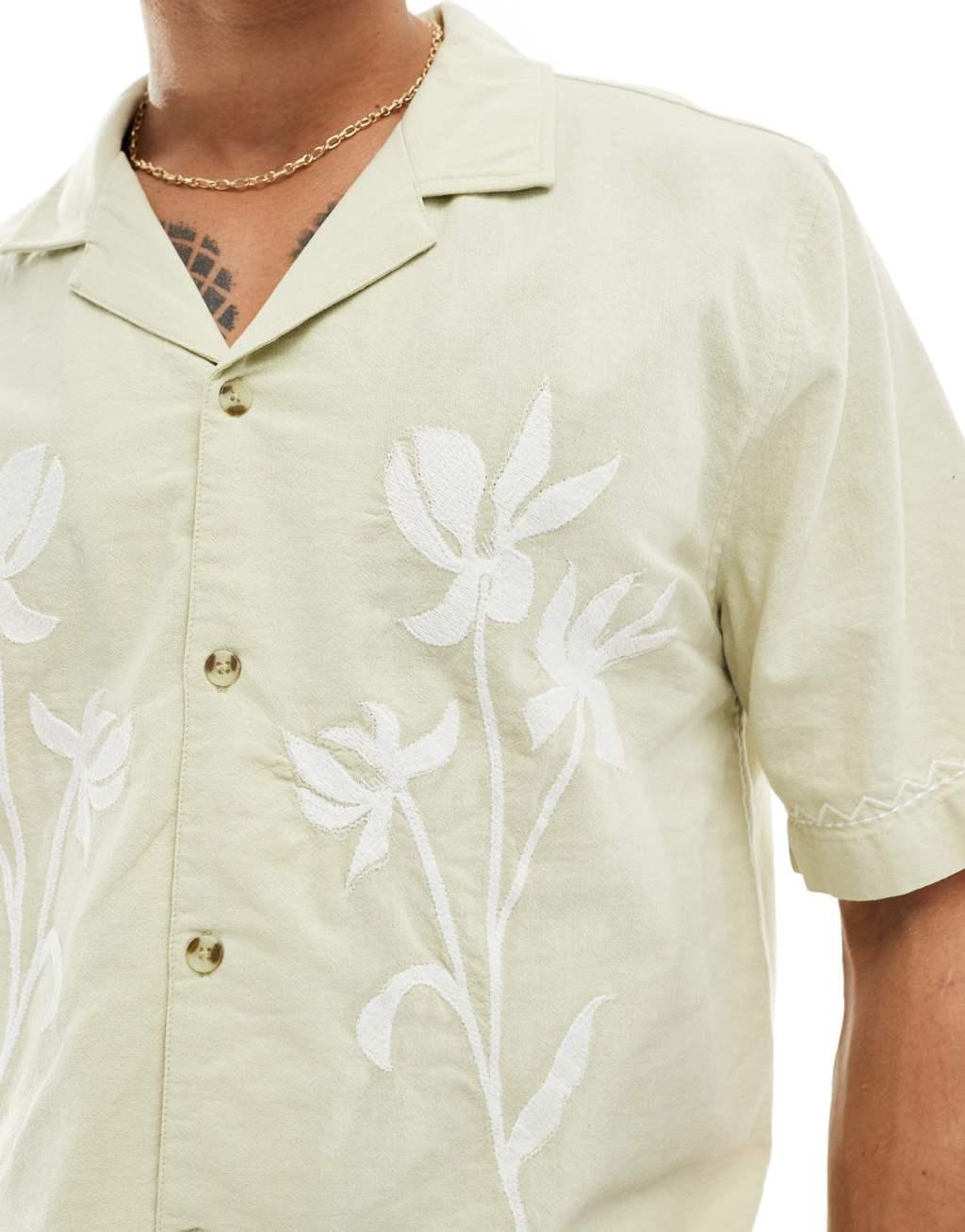 Cotton On linen blend relaxed shirt with floral embroidery  Product Image