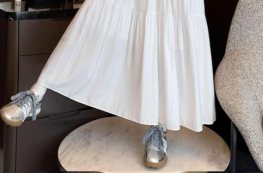High Waist Plain Ruched Maxi A-Line Skirt Product Image