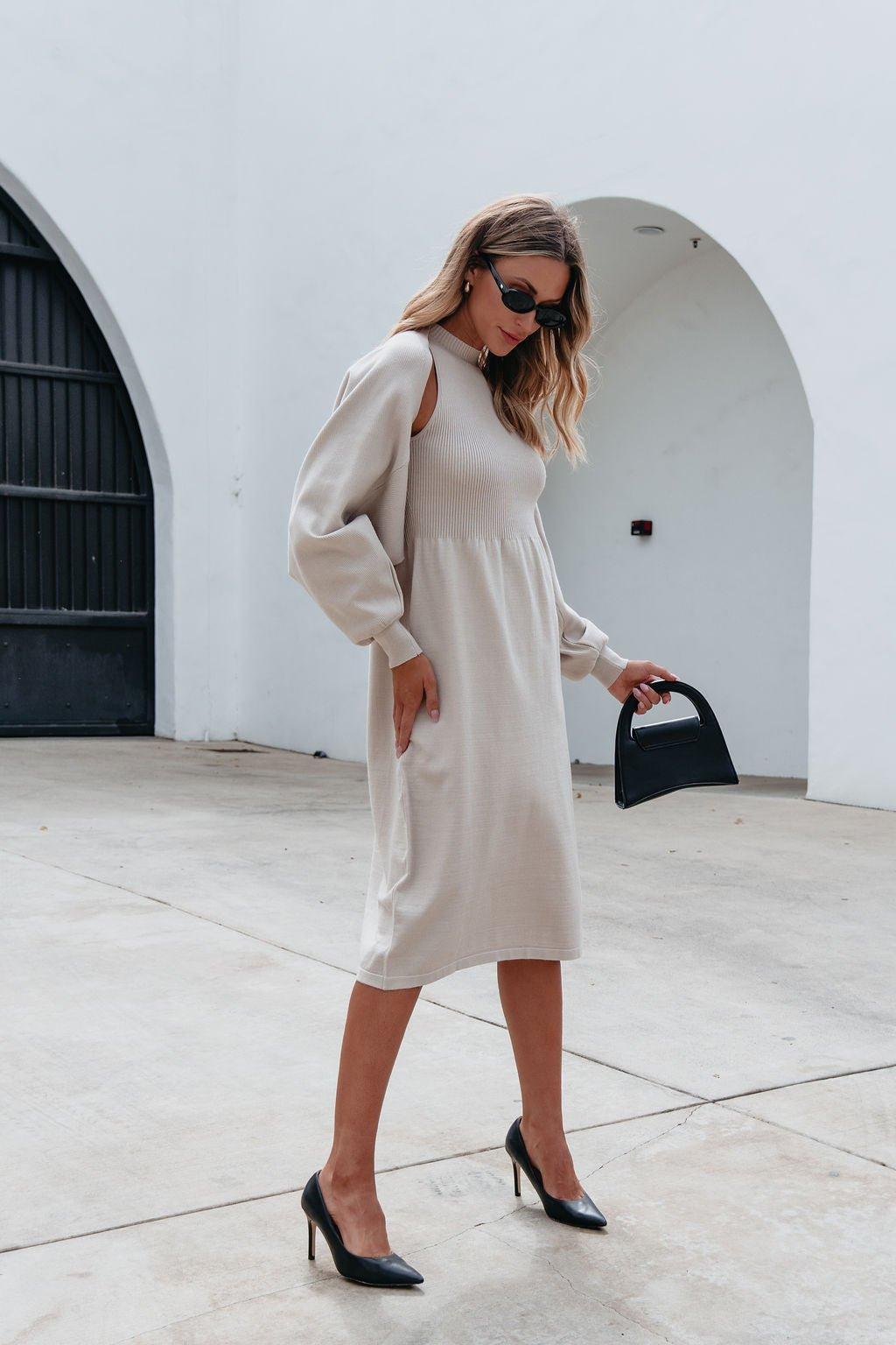 Champagne Sweater Dress & Cardigan Set - FINAL SALE Female Product Image