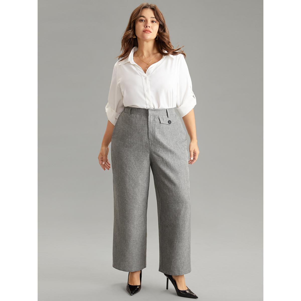 Plus Size Heather Flap Detail Elastic Waist Wide Leg Pants Women DarkGray Office Wide Leg High Rise Work Pants BloomChic 26/4X Product Image