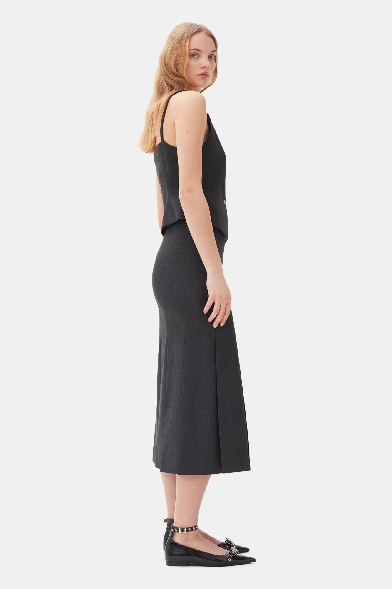 Dark Grey Stripe Suiting Midi Skirt Product Image