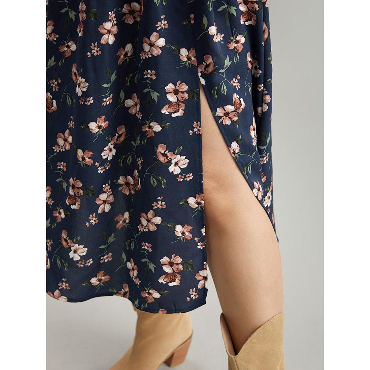 Plus Size Floral Print Elastic Waist Split Hem Dress Indigo Women Vacation Printed V-neck Long Sleeve Curvy Midi Dress BloomChic 26/4X Product Image