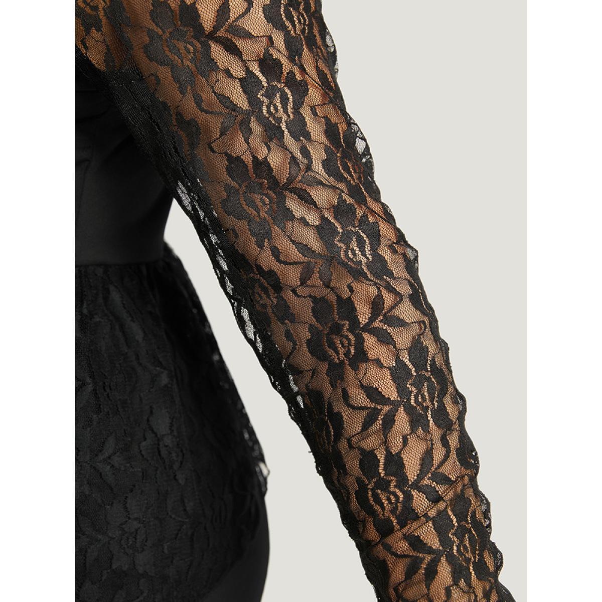 Plus Size Halloween Guipure Lace Zipper Fly Layered Dress Black Women Elegant See through V-neck Long Sleeve Curvy Knee Dress BloomChic 18-20/2X Product Image