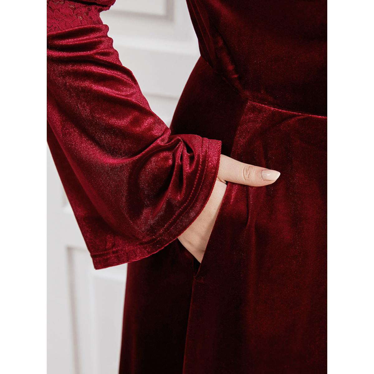 Plus Size Solid Lace Insert Bell Sleeve Pocket Velvet Dress Red Women Party Patchwork Round Neck Long Sleeve Curvy Midi Dress BloomChic 10/M Product Image