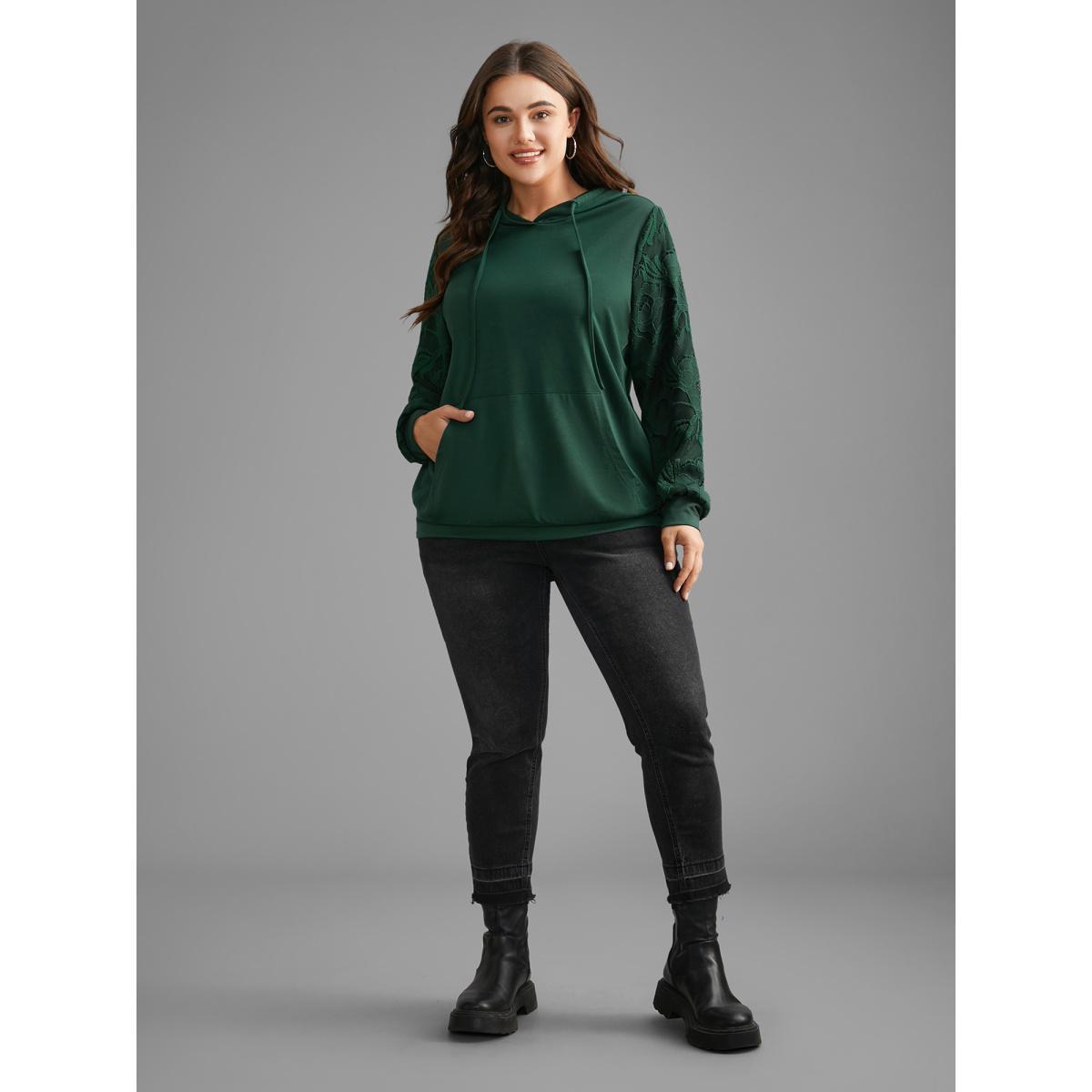 Plus Size Lace Patchwork Pocket Hooded Drawstring Sweatshirt Women DarkGreen Casual Patchwork Hooded Everyday Sweatshirts BloomChic 22-24/3X Product Image