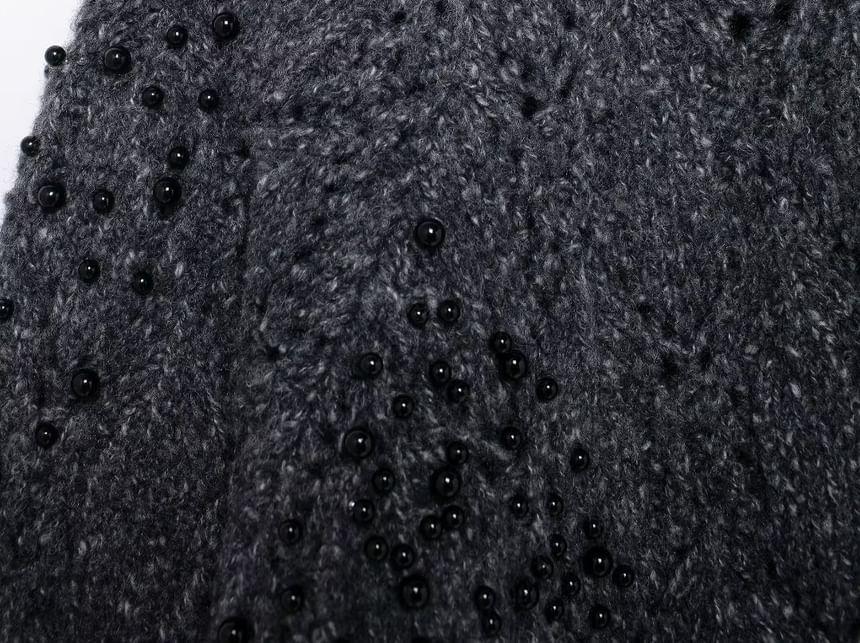 Mock Neck Cold-Shoulder Melange Beaded Sweater Product Image