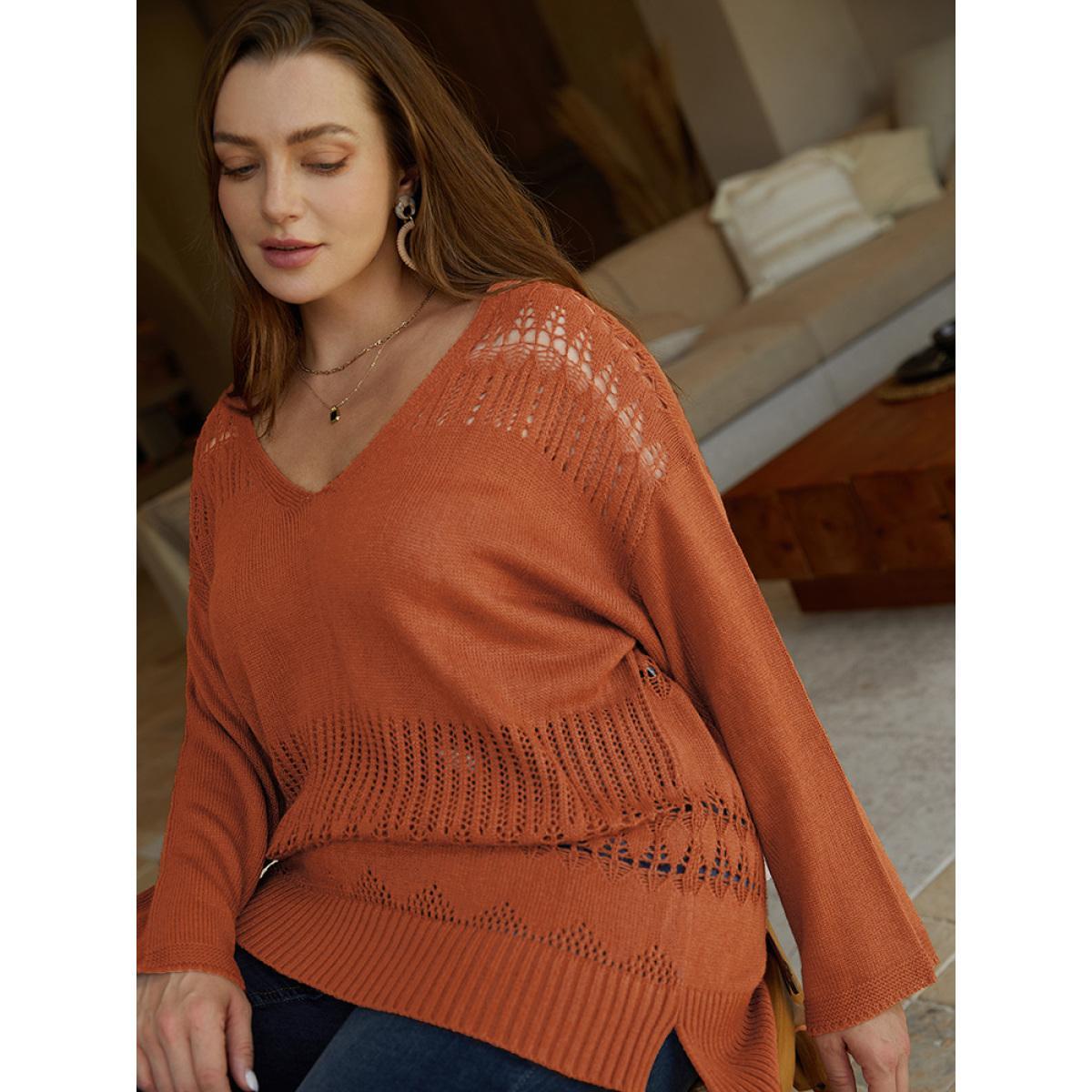 Plus Size Solid Hollow Out Split V Neck Pullover Chocolate Women Casual Loose Long Sleeve V-neck Everyday Pullovers BloomChic 28/5X Product Image