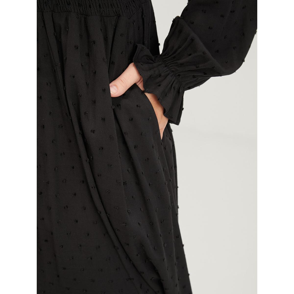 Plus Size Polka Dot Pocket Lantern Sleeve Lace Trim Shirred Dress Black Women Elegant Cross straps V-neck Long Sleeve Curvy Long Dress BloomChic 10/M Product Image