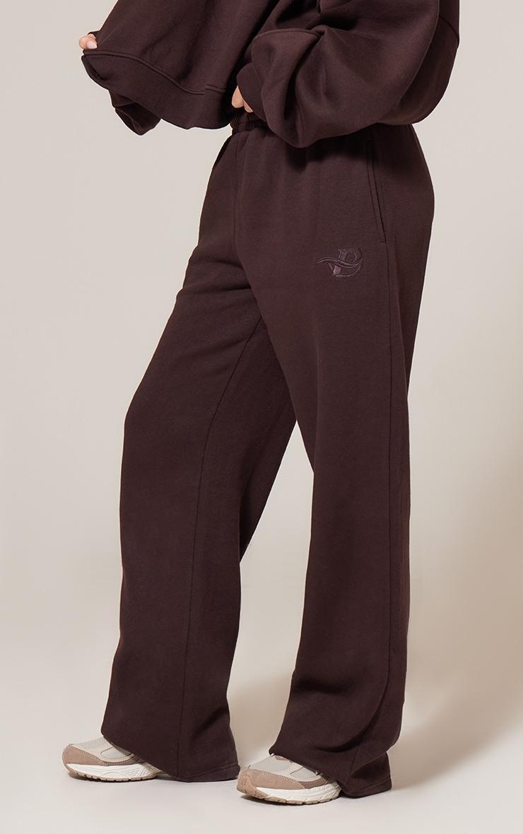 PRETTYLITTLETHING Chocolate Wide Leg Embroidered Sweatpants Product Image