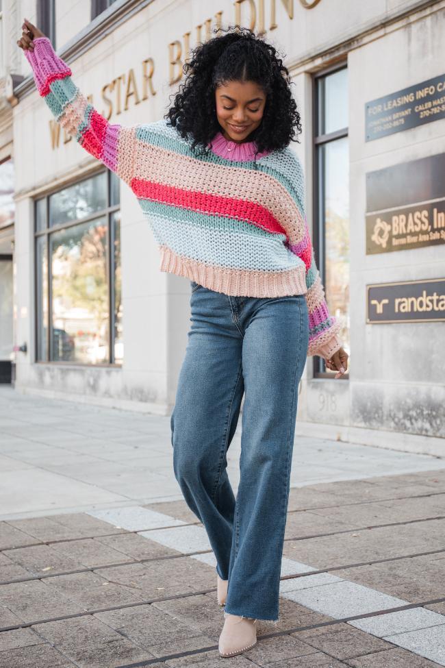 In Line Peach Multi Chunky Striped Sweater SALE Product Image