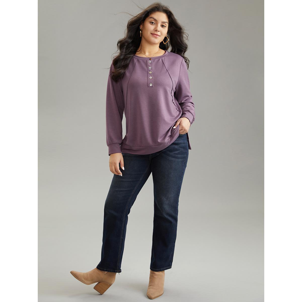 Plus Size Plain Button Detail Round Neck Knit Sweatshirt Women Mauve Casual Plain Round Neck Everyday Sweatshirts BloomChic 12/L Product Image