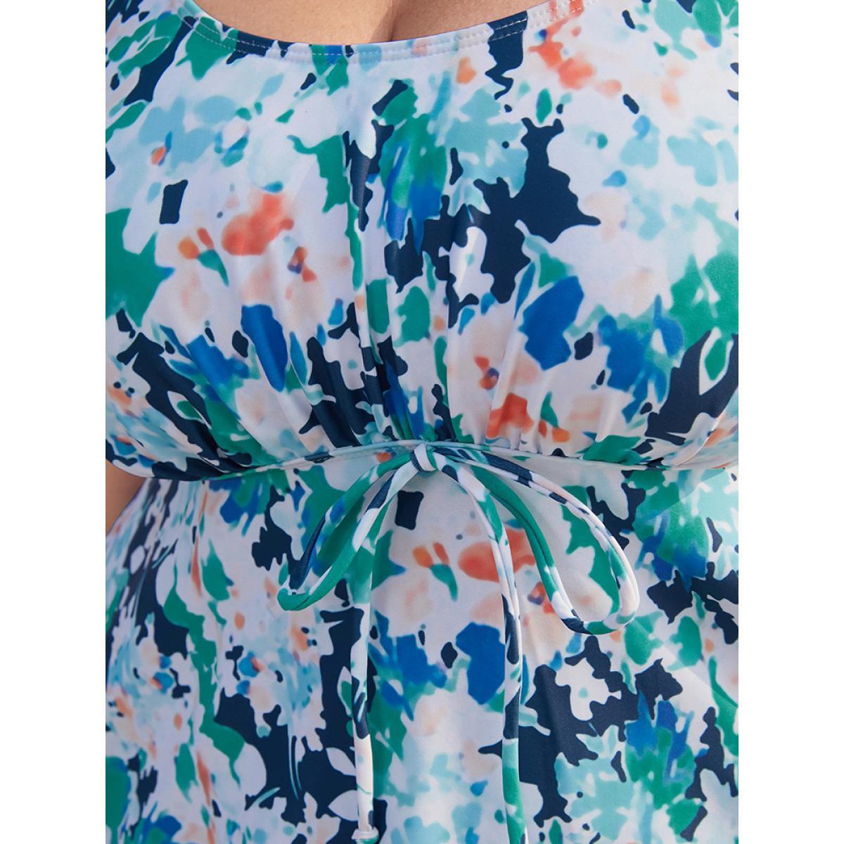 Plus Size Tropical Print Tie Front Ruffles Swim Dress Women's Swimwear Green Vacation Bodycon V-neck High stretch Curve Swim Dresses BloomChic 18-20/2X Product Image