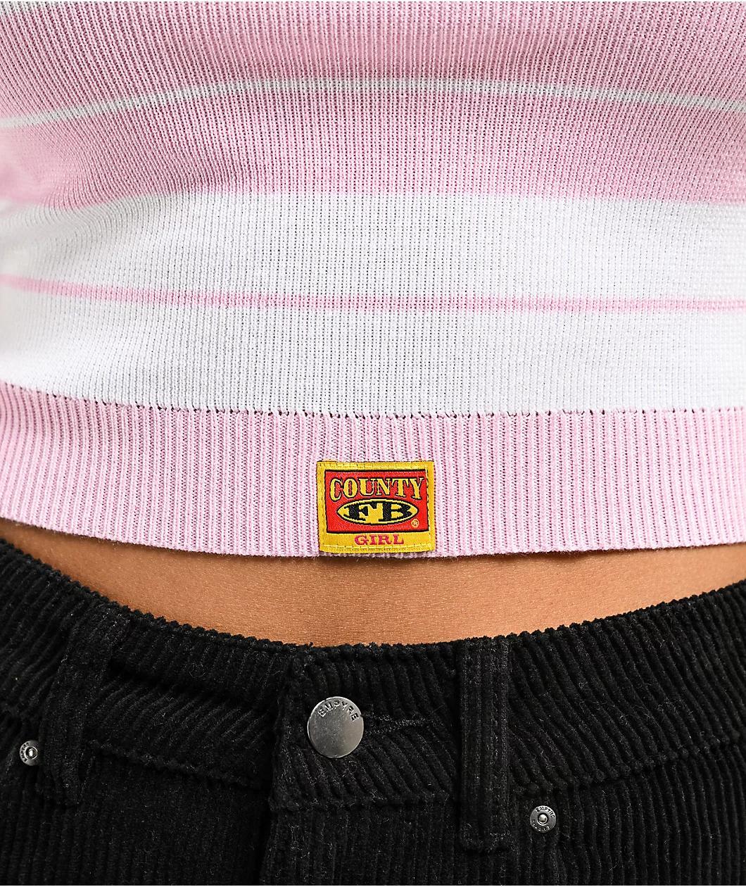 FB County Off Shoulder Pink Stripe Crop T-Shirt Product Image