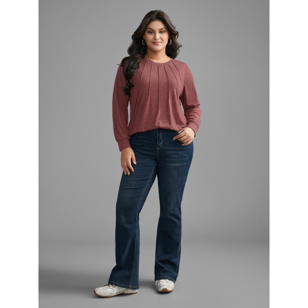 Plus Size Solid Heather Round Neck Pleated T-shirt Russet Women Casual Pleated Round Neck Everyday T-shirts BloomChic 26/4X Product Image