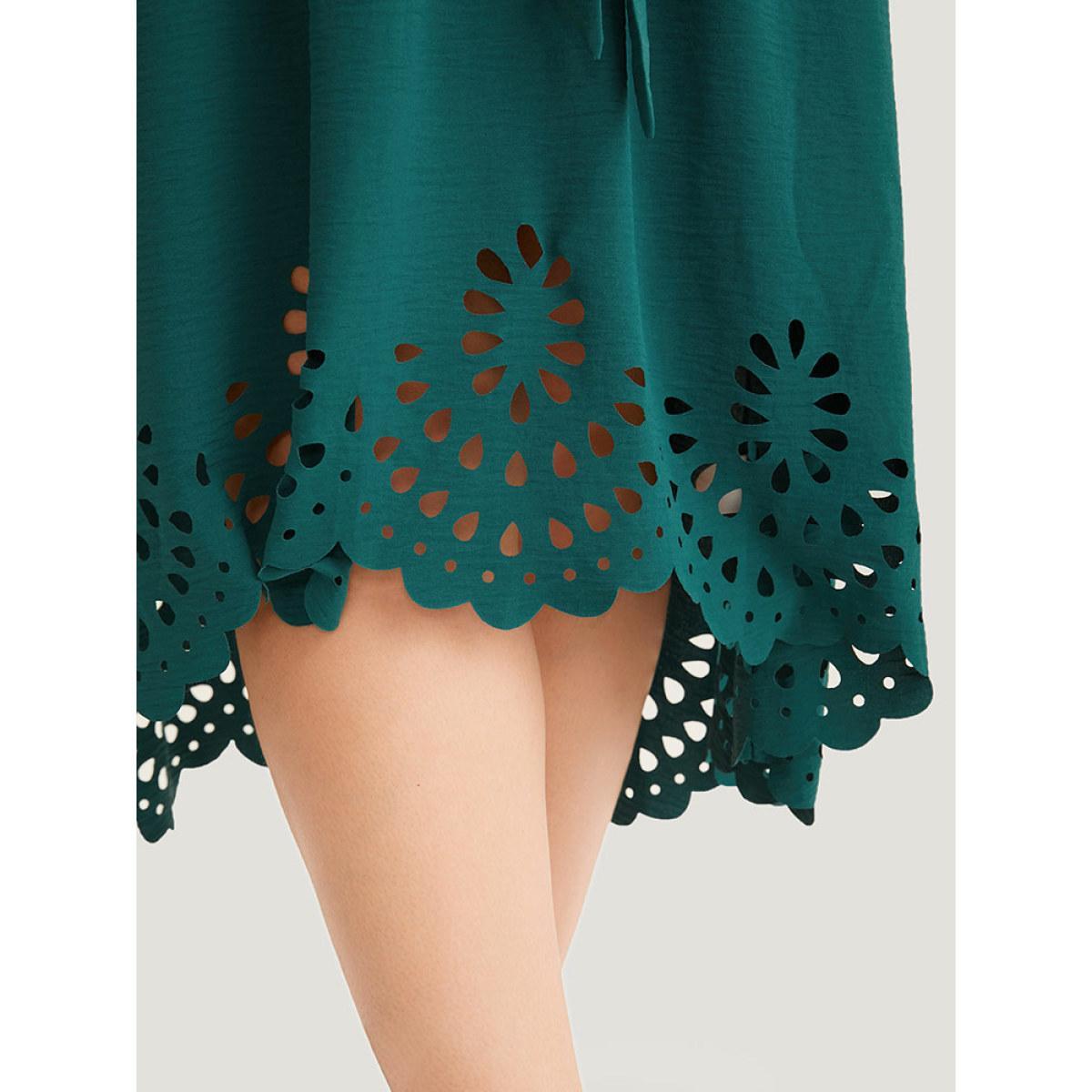 Plus Size Plain Belted Laser Cut High Low Hem Dress Emerald Women Office Gathered V-neck Half Sleeve Curvy Midi Dress BloomChic 10/M Product Image