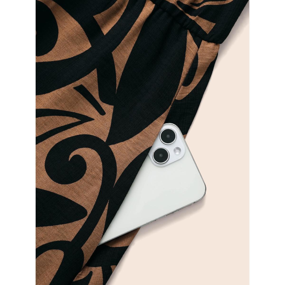 Plus Size Boho Print Shirt Collar Midi Dress Yellowishbrown Women At the Office Button Shirt collar Short sleeve Curvy BloomChic 26/4X Product Image