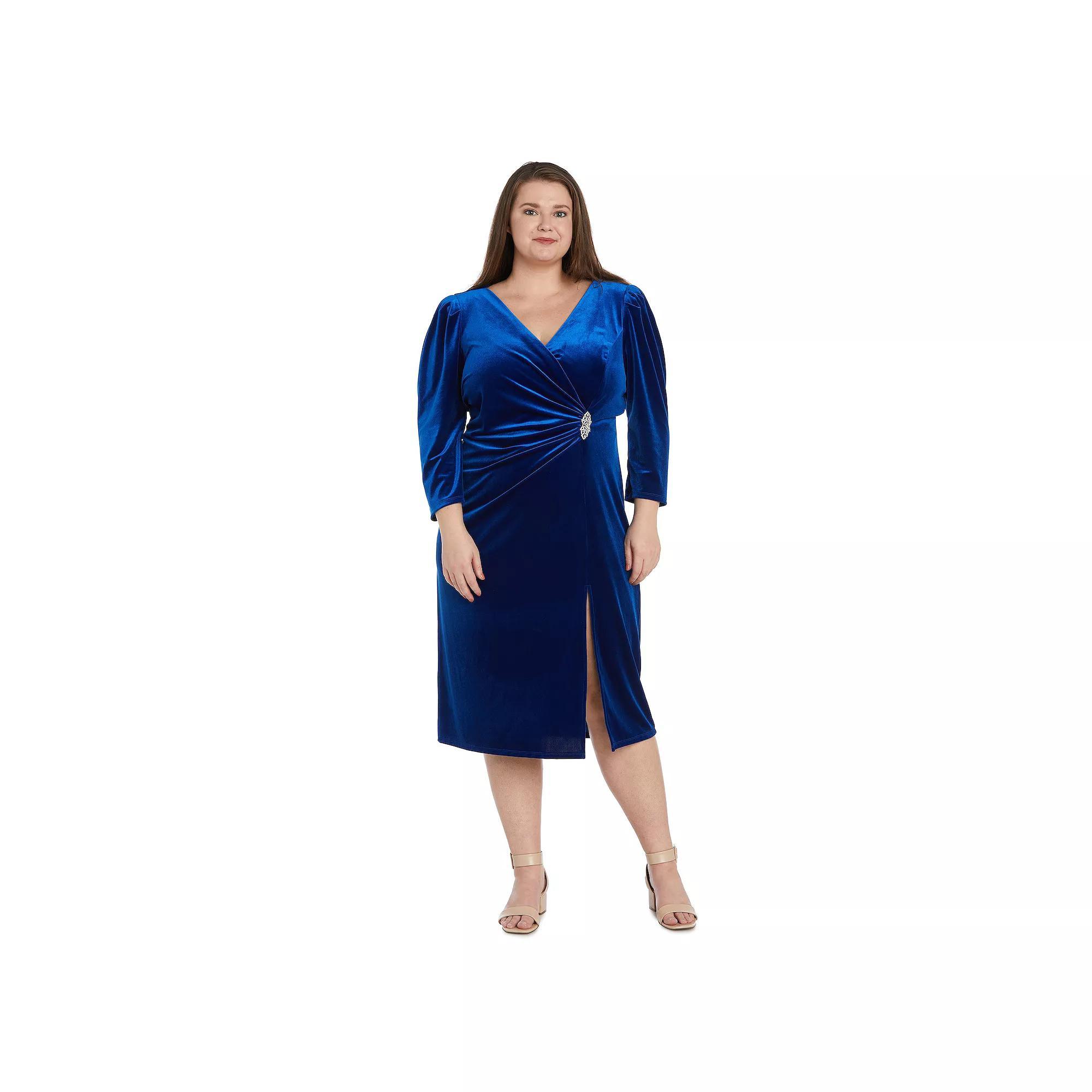 Plus Size R&M Richards Surplice Neck with Brooch Side Wrap Midi Dress, Women's, Size: 18 W, Royal Product Image